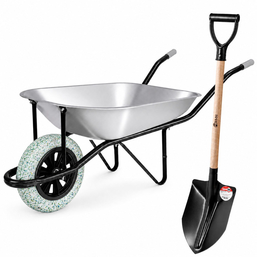Kit Carrinho de Mão Reforçado 65L Pneu Maciço Galvanizado + Pá De Bico De Obra Pedreiro Construção