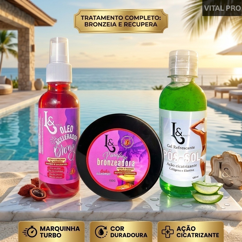 Kit Bronzeado Completo L&Beauty - Parafina + Óleo Ativador de Marquinha + Gel Pós Sol Cicatrizante