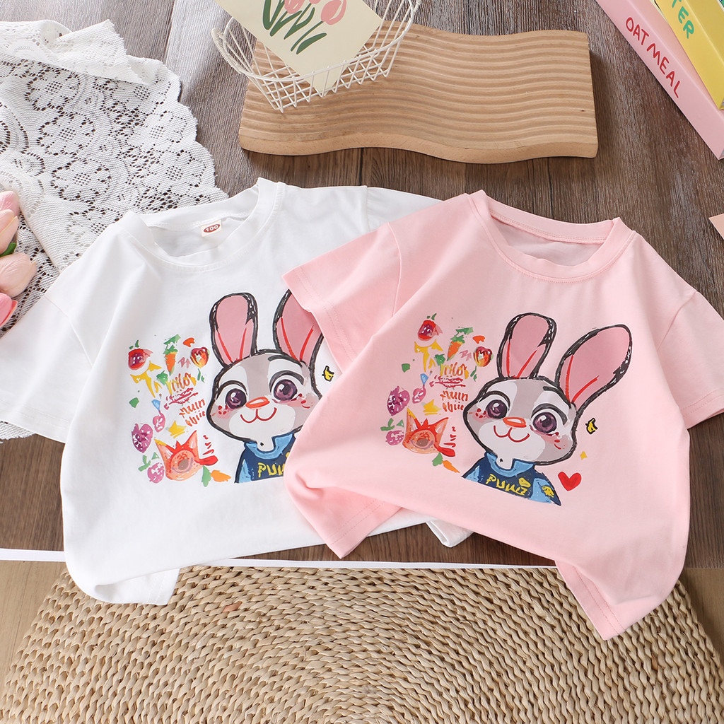 Meninas dos desenhos animados coelho impresso camiseta de manga curta crianças verão novo estilo solto topo bebê menina 