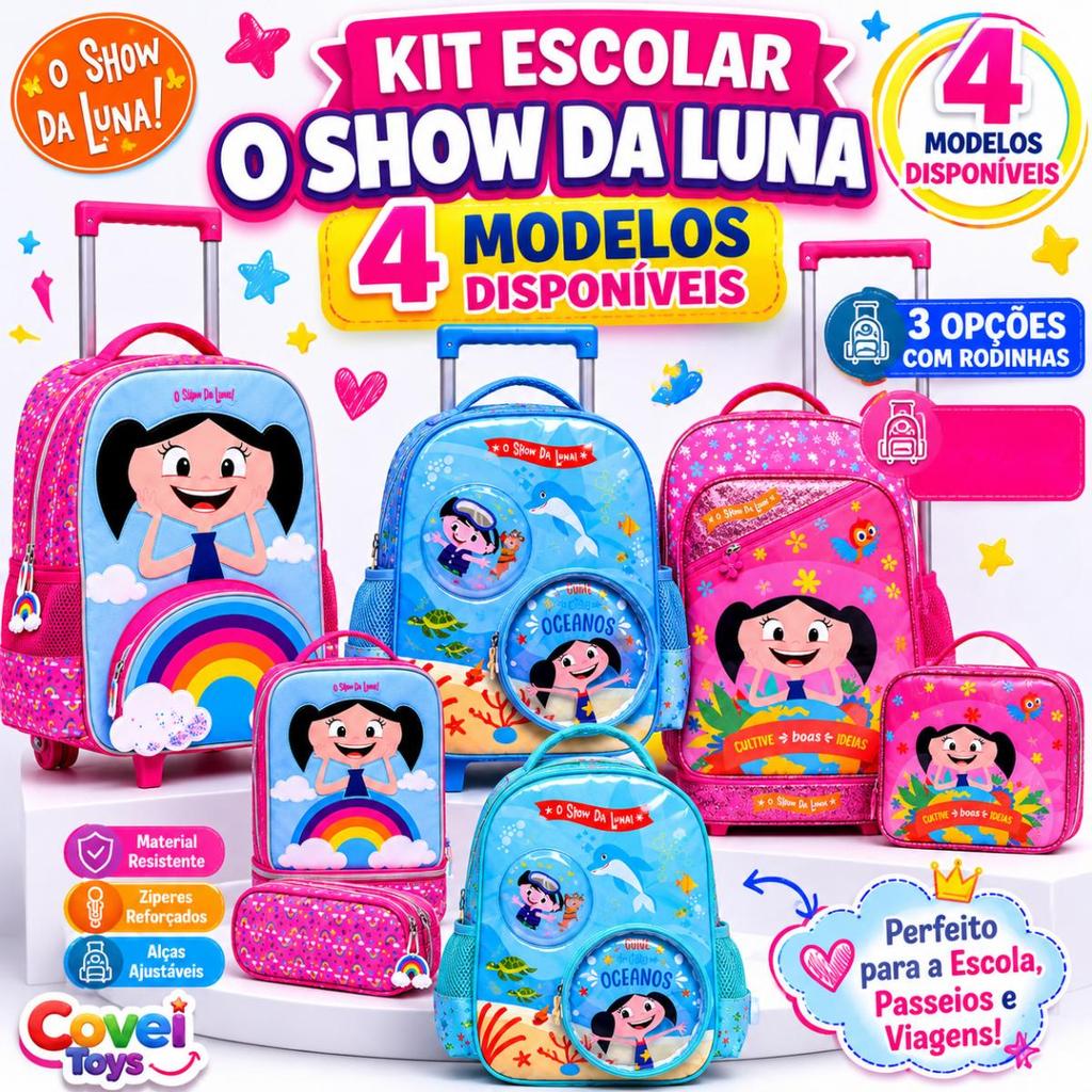 Kit Escolar Mochila Show Da Luna Rodinha Lancheira Estojo Fundo Do Mar 3 Peças