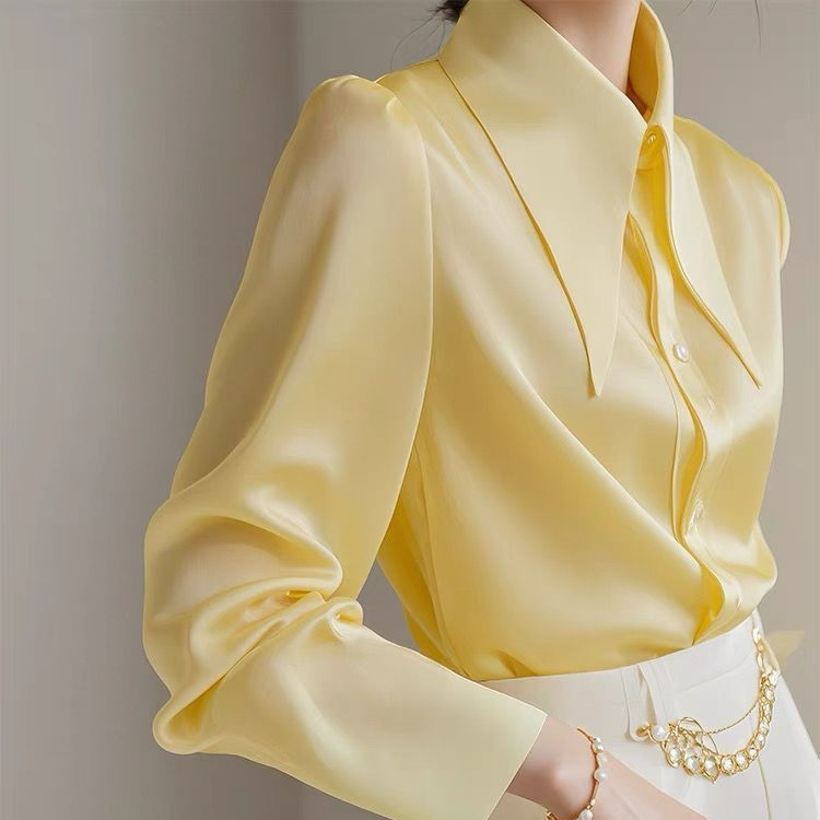 Camisa Feminina Amarela Formal para Escritório, Blusa de Cetim Estilo Coreano, Manga Longa Fashion, Blusas OL UG99