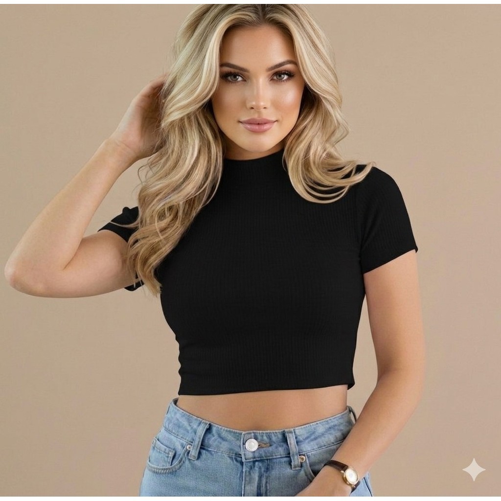 blusa cropped feminino gola alta manga curta canelado justinha elastano perfeito top moderno