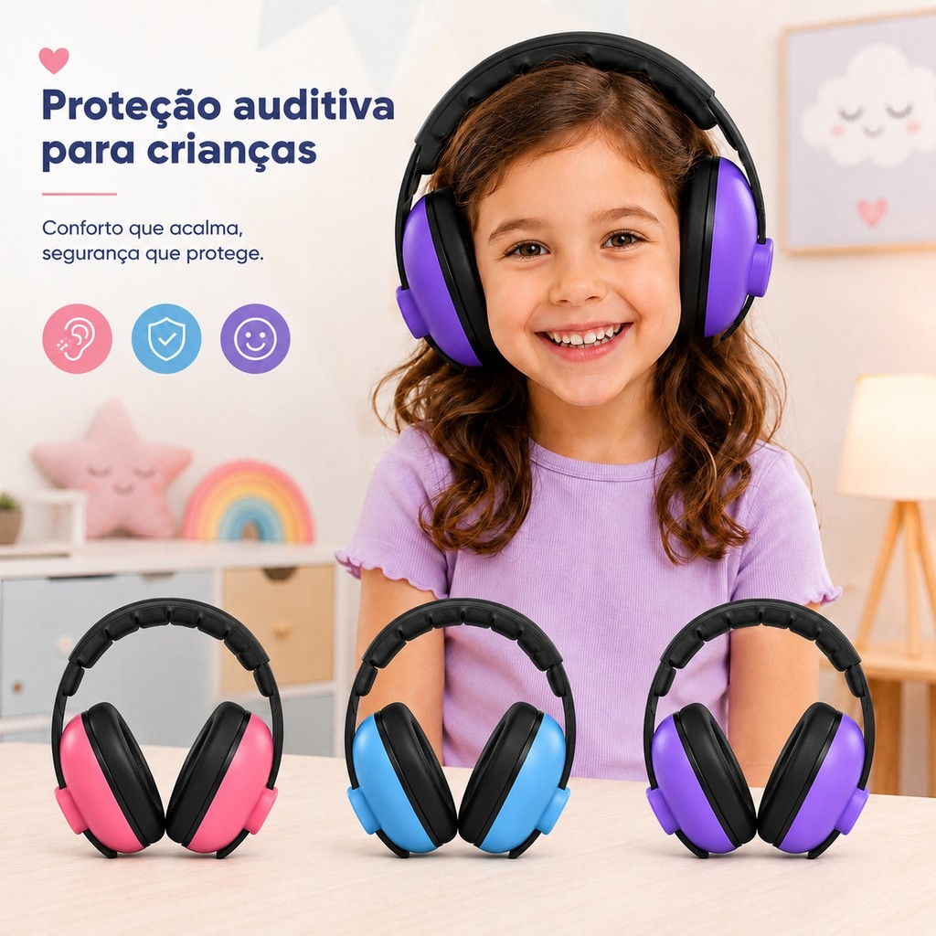 Abafador de Ruído Infantil Protetor Auricular Bebê Criança Autismo TEA Ajustável Confortável