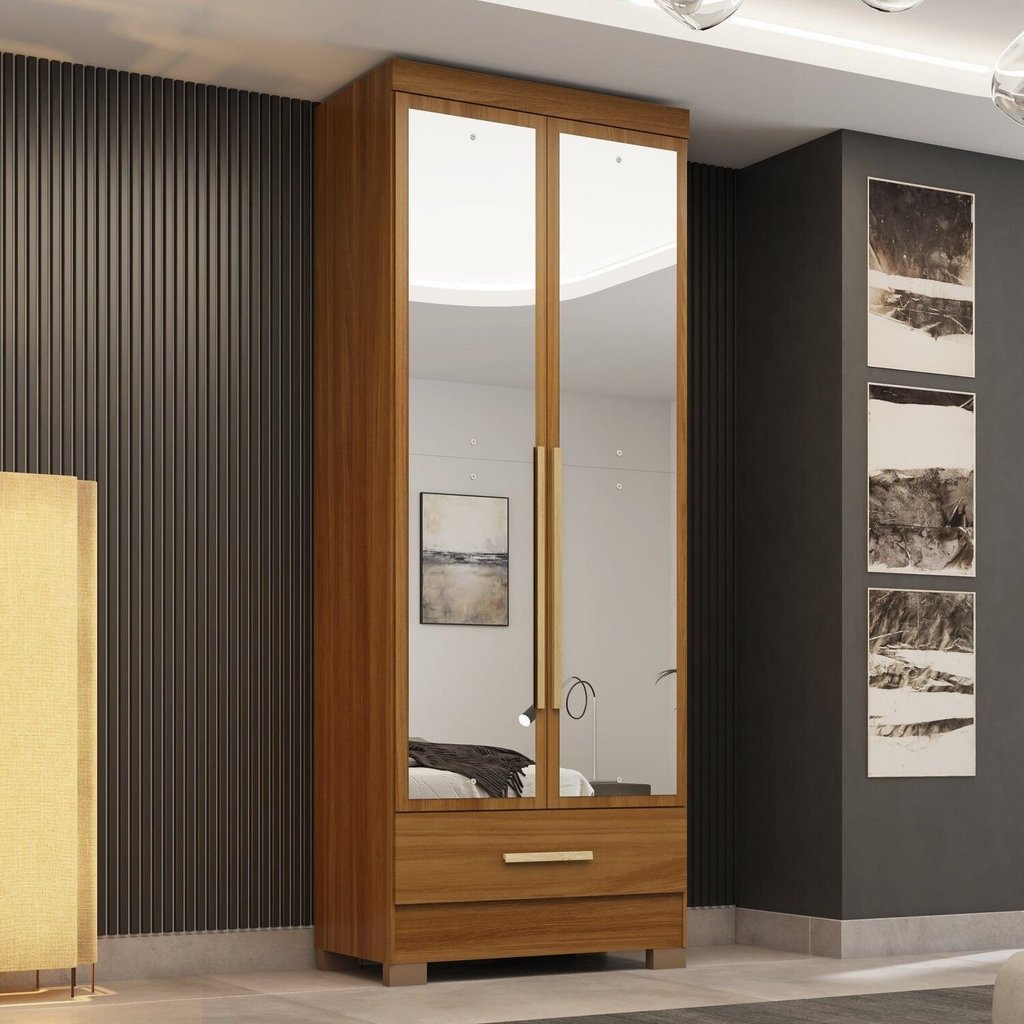 Guarda-Roupa 100% MDF 2 Portas 1 Gaveta com Espelhos Smart Plus Espresso Móveis Bege/Cinamomo Cinamomo