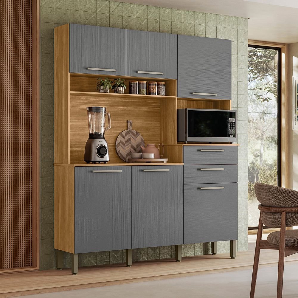 Armário de Cozinha 6 Portas 2 Gavetas Montesa Cinza/Freijó/Gris Freijó/Gris