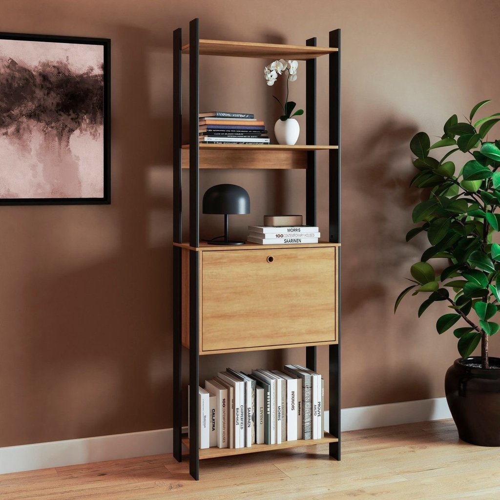 Estante de Livros Industrial 63CMX178CM 3 Prateleiras 1 Porta Marrom/Lamina Mel/Preto 63