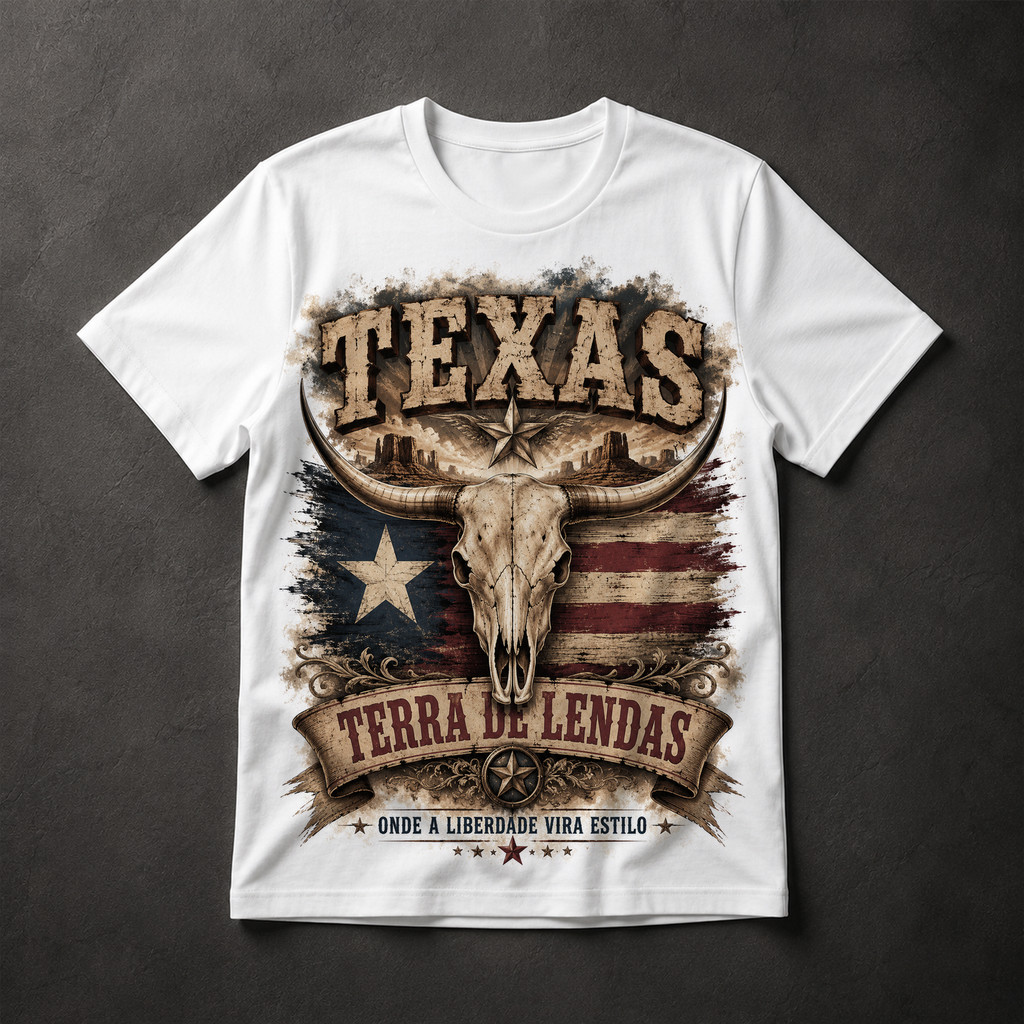 Camiseta Texas Terra de Lendas Longhorn Caveira Country Sertanejo Masculina Estampa Premium