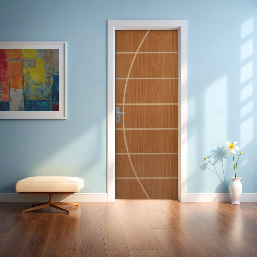Kit Porta de Madeira Decorada 215x85cm com Batente de Aço 06cm Neblina MGM Abertura Esquerda Marrom/Mogno Mogno