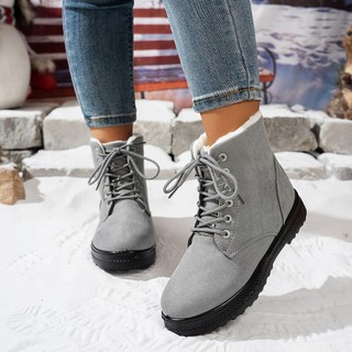 Botas de Inverno Femininas, Botas Casuais de Cano Curto com Forro, Botas de Neve de Cano Médio com Cadarço - Com Cadarço