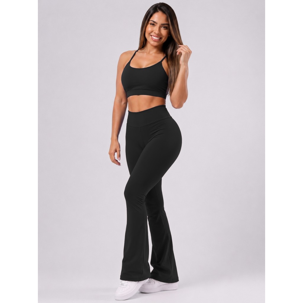 Conjunto Fitness Bailarina Academia Top forrado Legging Flare Suplex Zero Transparência Feminina