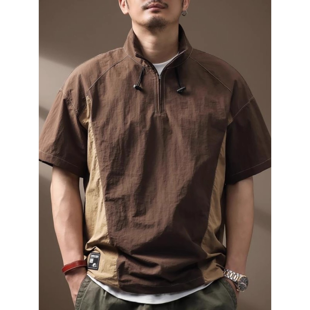 Camiseta masculina de manga curta de seda gelo gola alta camisa polo verão Street Wear Jacquard zíper meia manga america