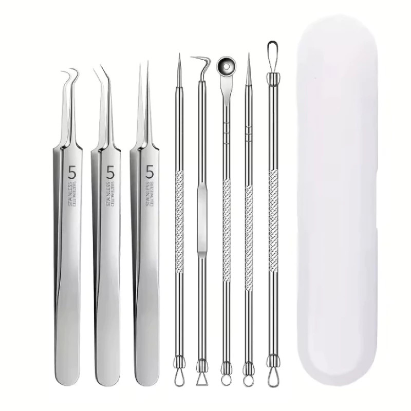 Kit Extrator De Cravo Espinha Profissional Inox Limpeza de Pele Conjunto de 8 Pecas