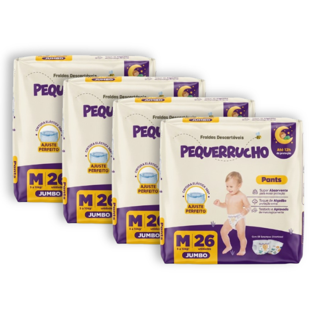 Kit 4 Fralda Descartável Pequerrucho Pants Toque Macio Hipoalergênico - Tamanho M - Total 104 Unidades