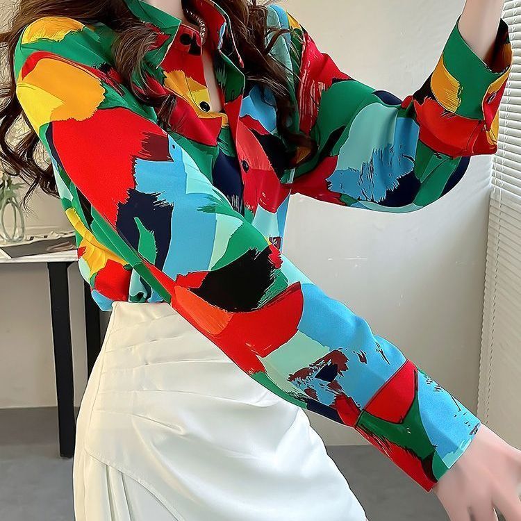 Estilo ocidental impresso contraste cor camisa feminina primavera outono 2025 novo estilo de manga comprida topo solto c