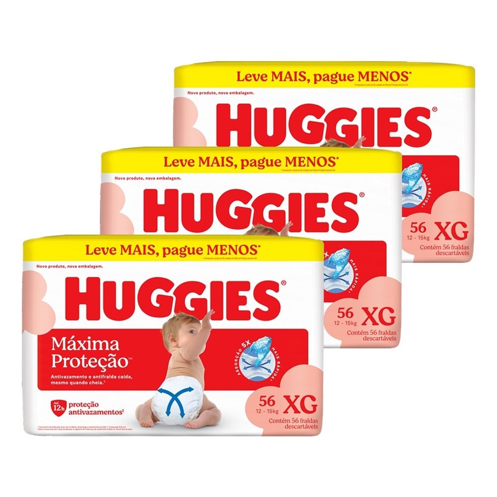 Fralda Descartável Huggies Máxima Proteção XG - 3 Pacotes com 56 Fraldas - Total de 168 Tiras em Oferta na Shopee