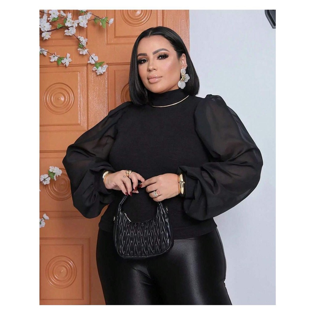 Blusa Feminina Plus Size Manga Bufante Longa Preta G1 ao G3