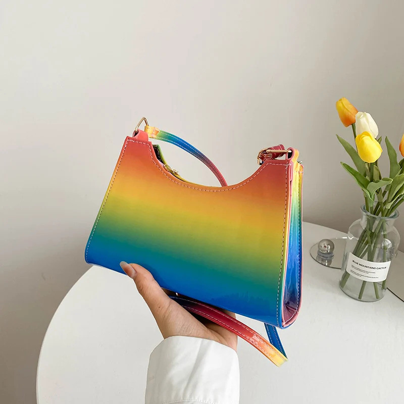 Bolsa de Ombro Feminina em Couro PU com Cores do Arco-Íris, Bolsa Transversal Casual Portátil para Mulheres