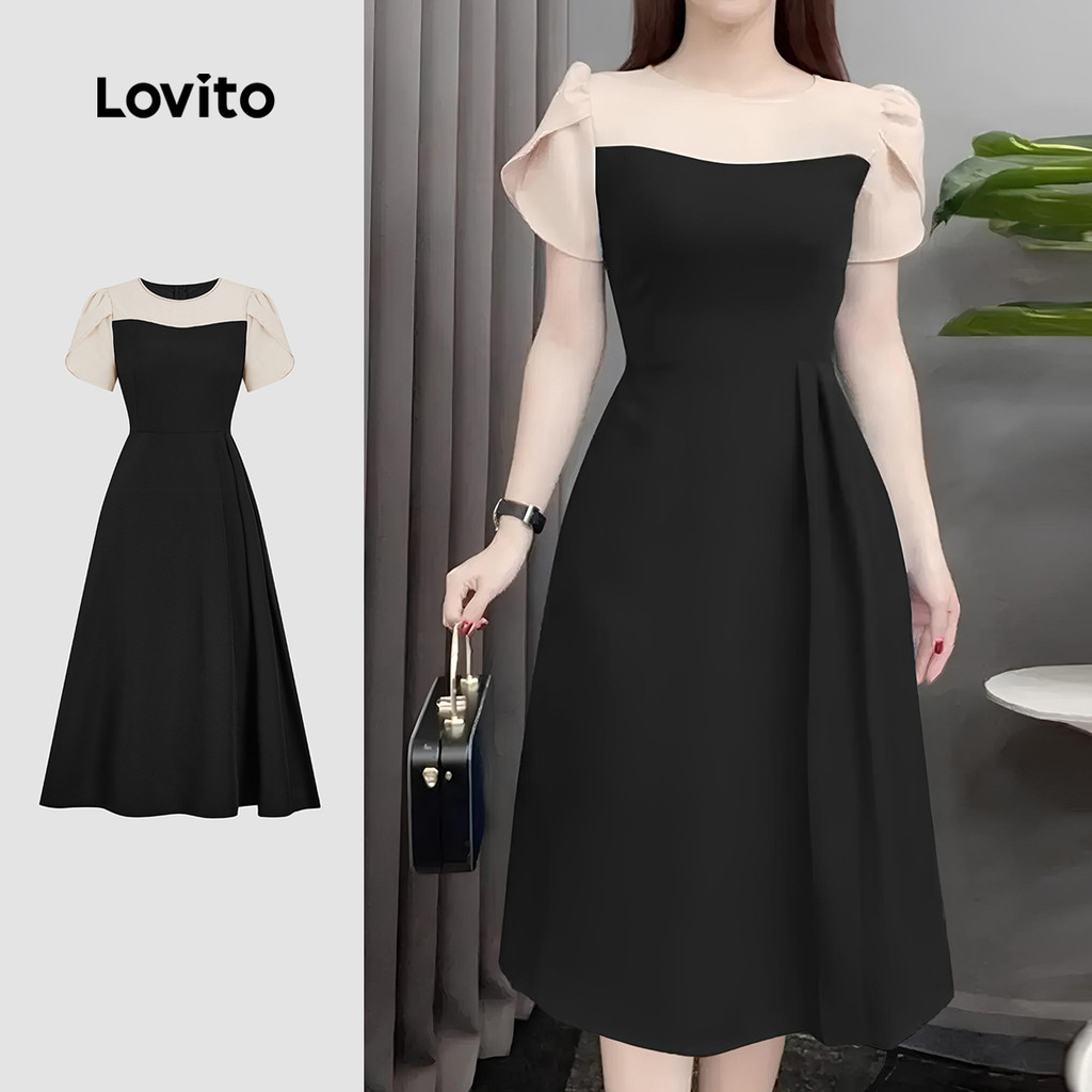 Lovito Vestido Elegante com Bloco de Cores Primavera/verão Preto para mulheres L149LD470 em Oferta na Shopee