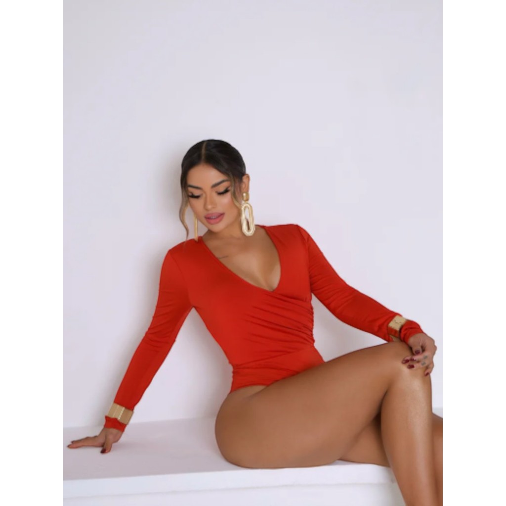Body Feminino Preto Manga Longa com Decote Transpassado