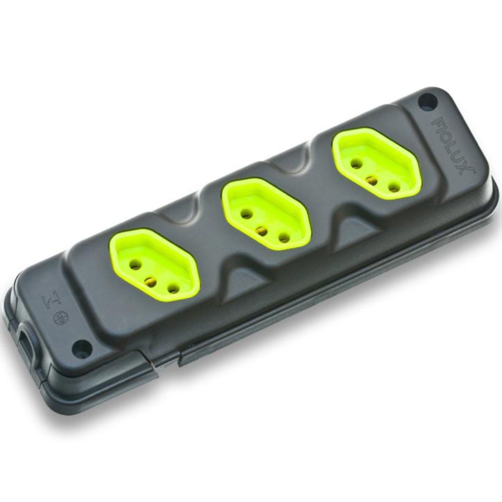 Tomada em barra para extensão com 3 tomadas 2P+T 20A preto/verde Robust Fiolux