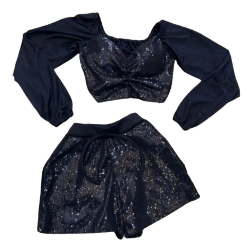 Conjunto Paetê Cropped Manga Princesa + Short Paetê SLIM BALADA