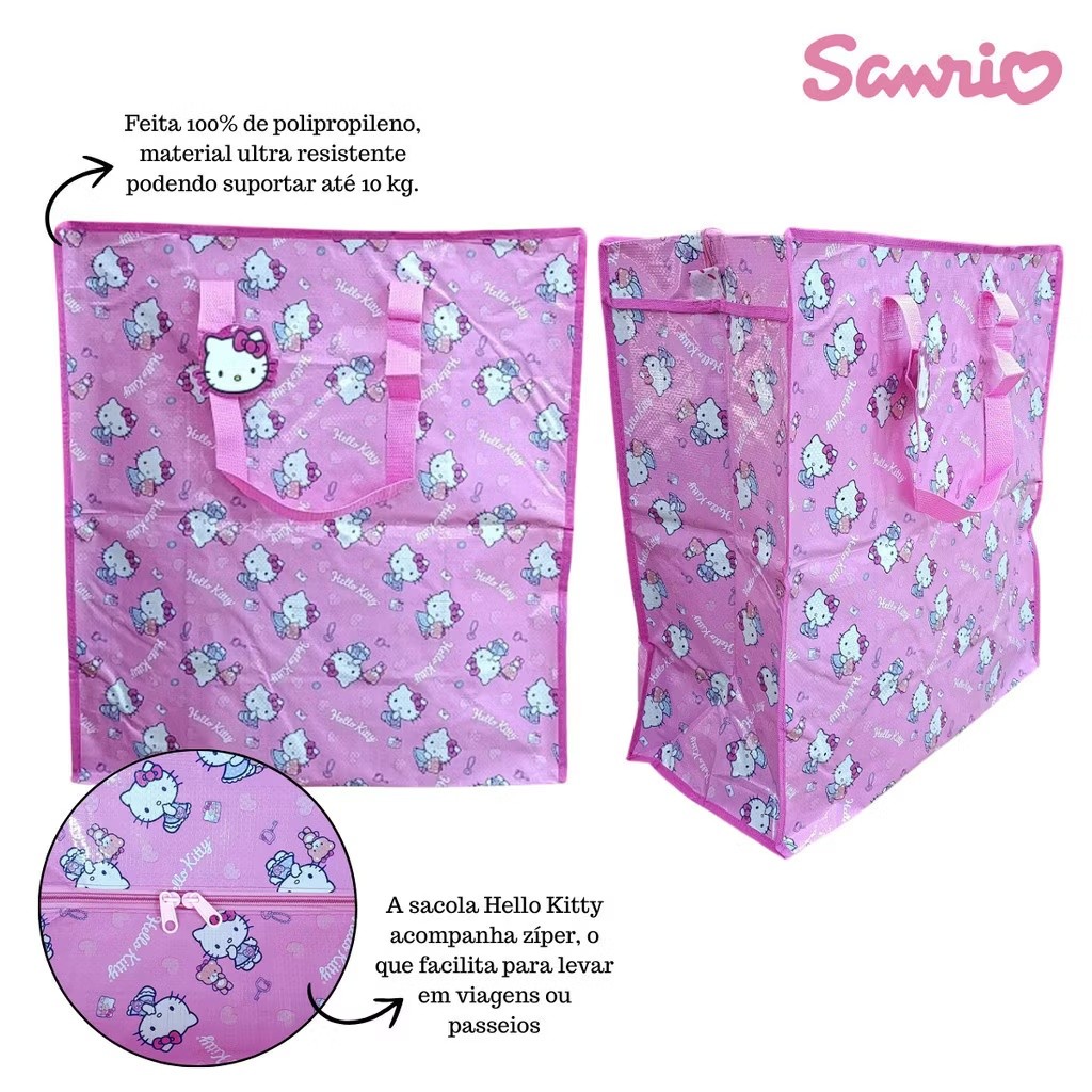 Sacola Hello Kitty com Zíper | 3 Tamanhos | Bolsa Multiuso Viagem, Compras e Organização em Oferta na Shopee