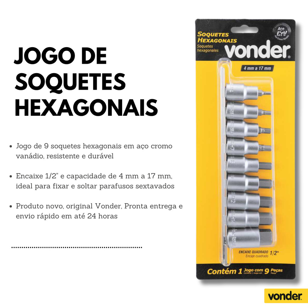 Jogo Soquete Allen Hexagonal 4 A 17 mm Encaixe 1/2 Polegada - Aço cromo vanádio - VONDER · foto 2