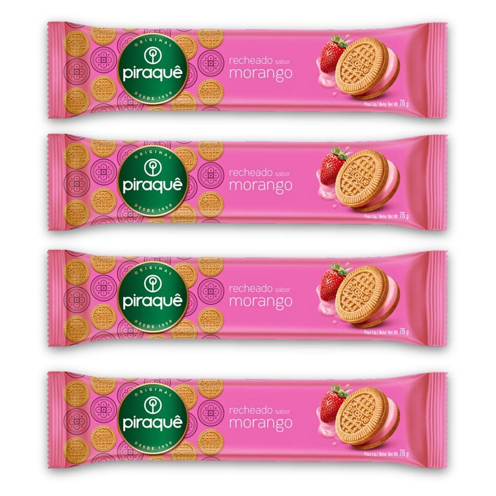 Kit 4un Biscoito 76G Recheio Morango Piraquê Pacote em Oferta na Shopee