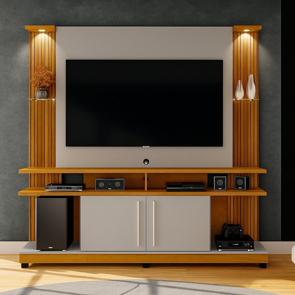 Estante Home para TV até 60 Polegadas  com Led e Prateleiras de Vidro York Naturalle/Off White em Oferta na Shopee