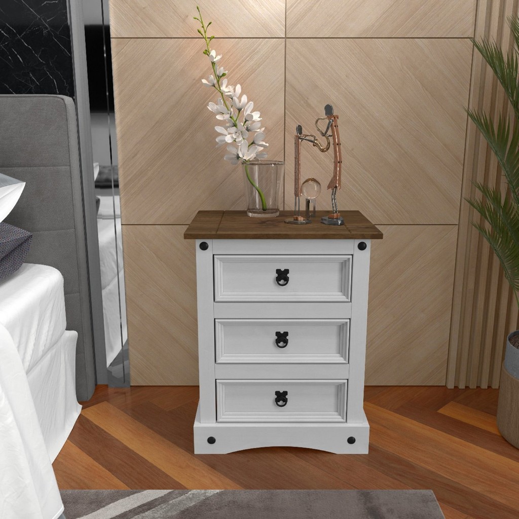 Mesa de Cabeceira Madeira Maciça 03 Gavetas Branco/Roble em Oferta na Shopee