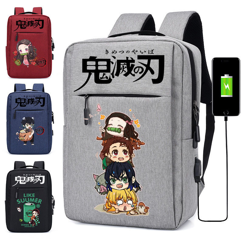 Demon Slayer Mochila escolar infantil 16in USB Meninos Meninas Estudante adolescente resistente Bolsa para portátil