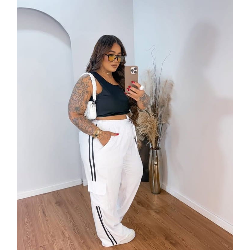 Calça Feminina Cargo Track Pants Listras Laterais Plus Size em Oferta na Shopee