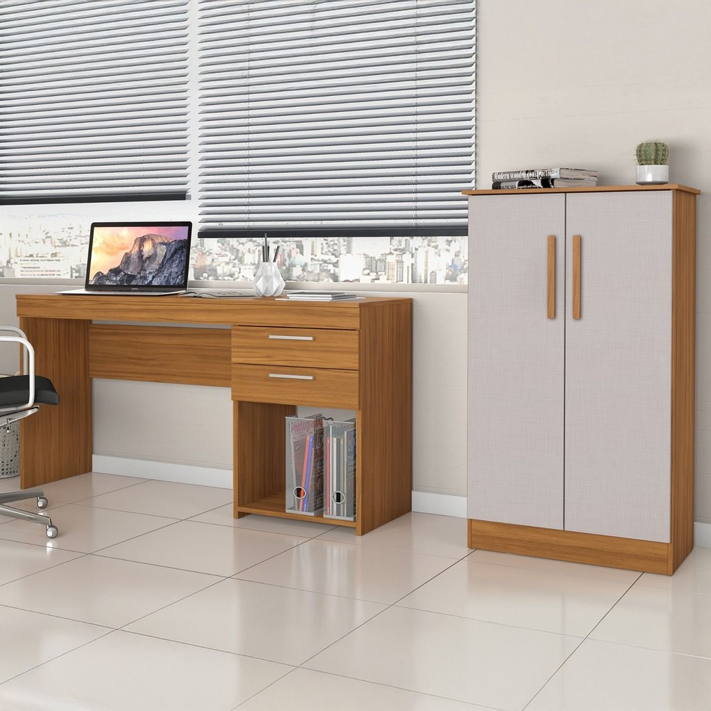 Kit 2 Peças para Escritório com Escrivaninha 120cm e Armário Multiuso Freijó em Oferta na Shopee