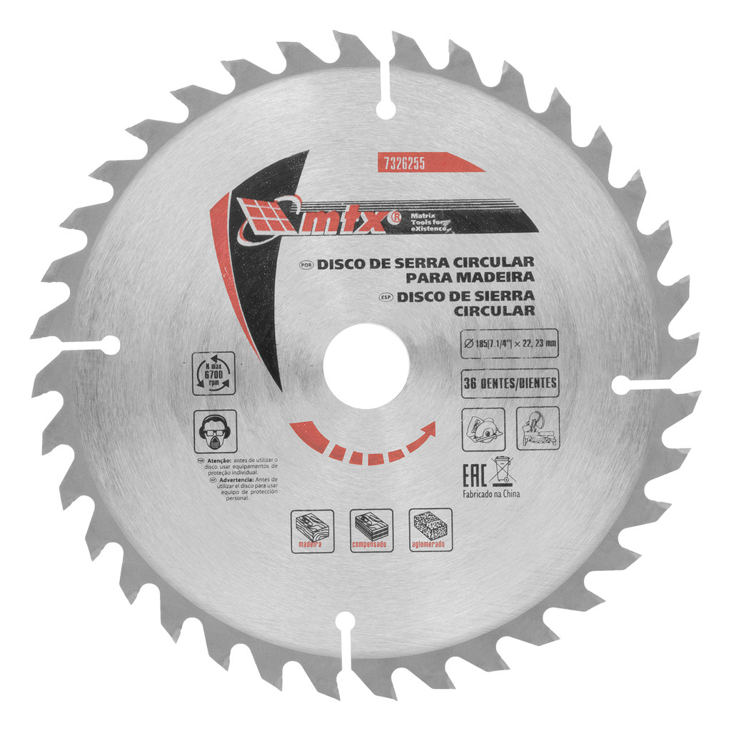 DISCO SERRA CIRCULAR PARA MADEIRA, 185MM (7,1/4POL.) X 22,23MM, 36 DENTES, 1PC // MTX em Oferta na Shopee