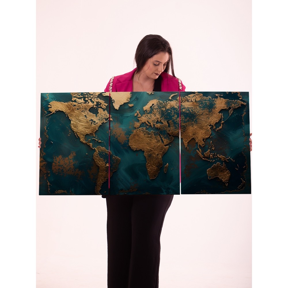 Quadro Decorativo Mapa Mundi 3 Peças Painel Tripartido Luxo em Dourado Azul Sala Escritório Moderno