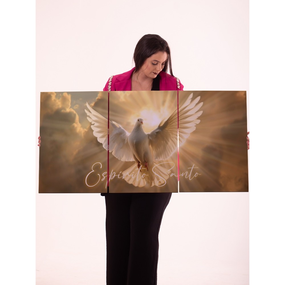 Quadro Decorativo Espírito Santo 3 Peças Pomba Branca da Paz e Luz Divina Triplo para Sala ou Igreja