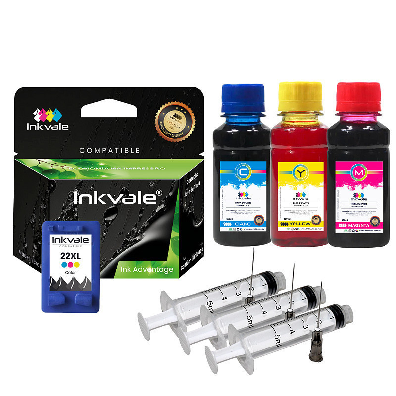 Cartucho Compatível Inkvale Impressora HP 22 XL Color + Kit Recarga 300ml Tinta Tinta Cartucho