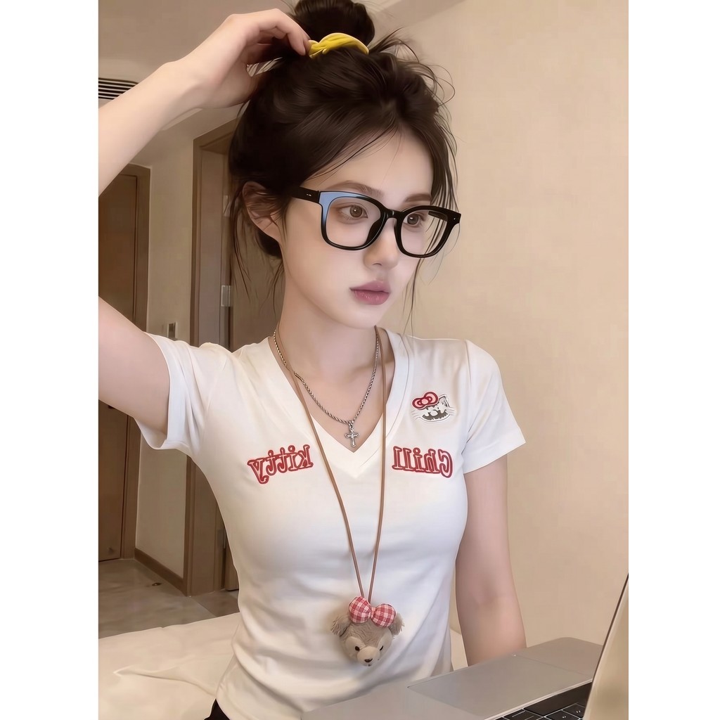 Camiseta Feminina De Renda Vazada Com Decote Em V Manga Curta Sexy Crop Top Verão