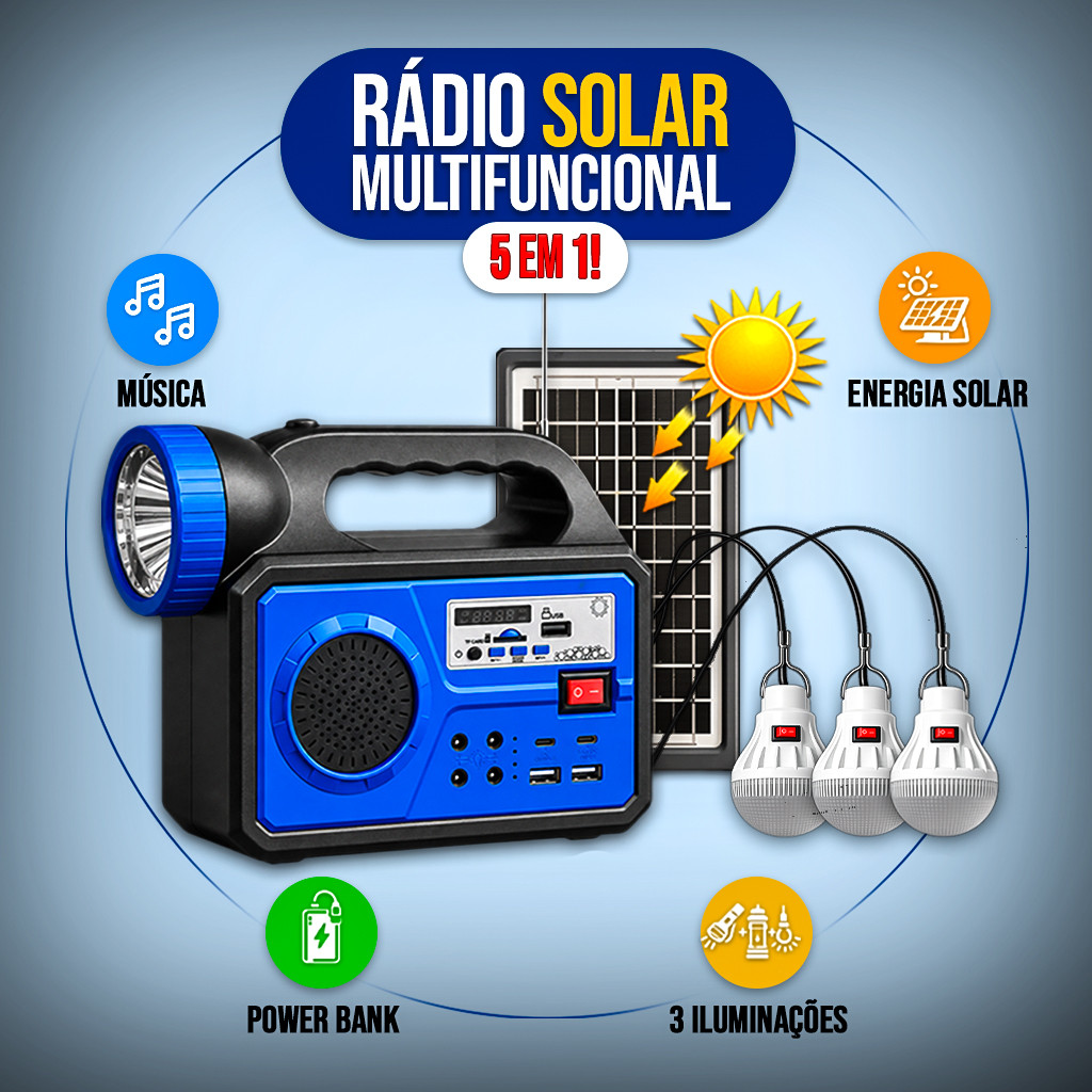 Rádio Solar Multifuncional 5 em 1 Bluetooth FM Power Bank Lanterna LED Painel Solar 3 Lâmpadas