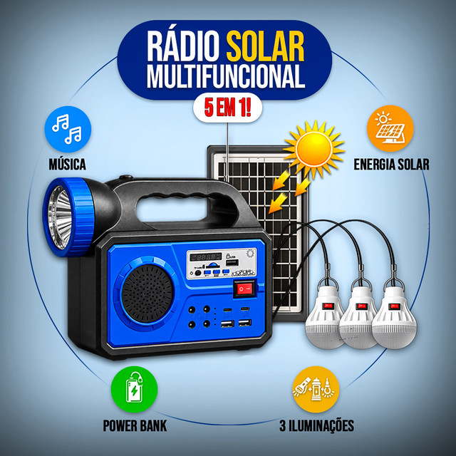 Rádio Solar Multifuncional 5 em 1 Bluetooth FM Power Bank Lanterna LED Painel Solar 3 Lâmpadas