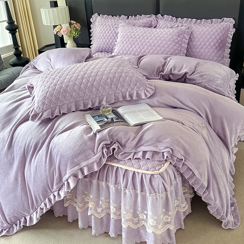 Inverno estilo princesa leite veludo colcha cama saia conjunto de quatro peças flanela Coral dupla face engrossado velo-