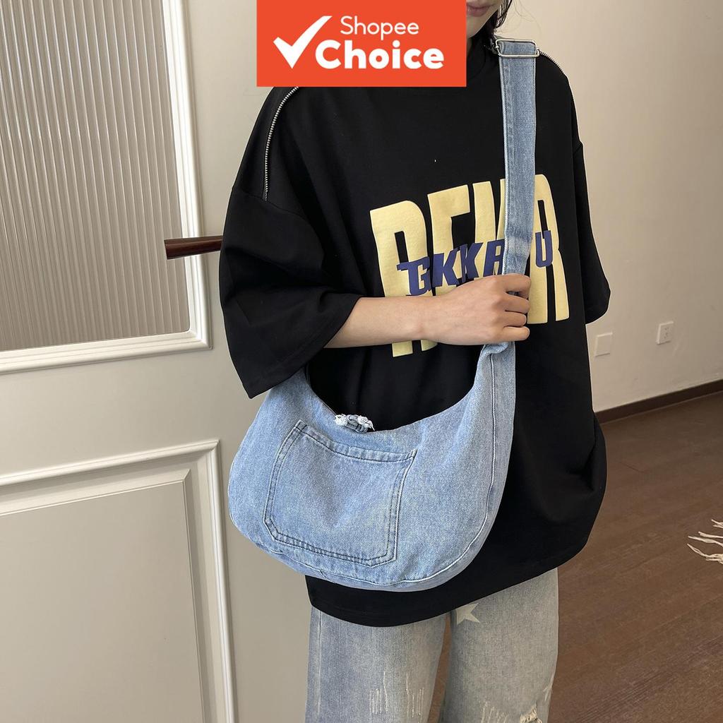 Bolsa hobo de jeans de grande capacidade, bolsa tiracolo casual com alça ajustável