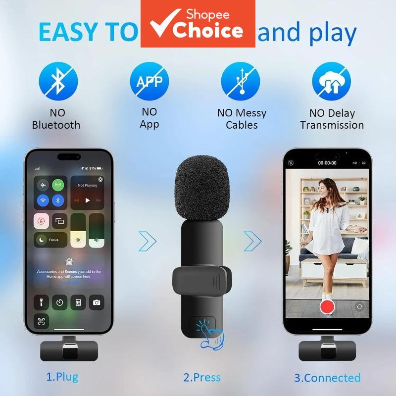 Microfone de Lapela Mini Portátil Sem Fio 2 em 1 para Smartphone, Câmera e Hub de Áudio