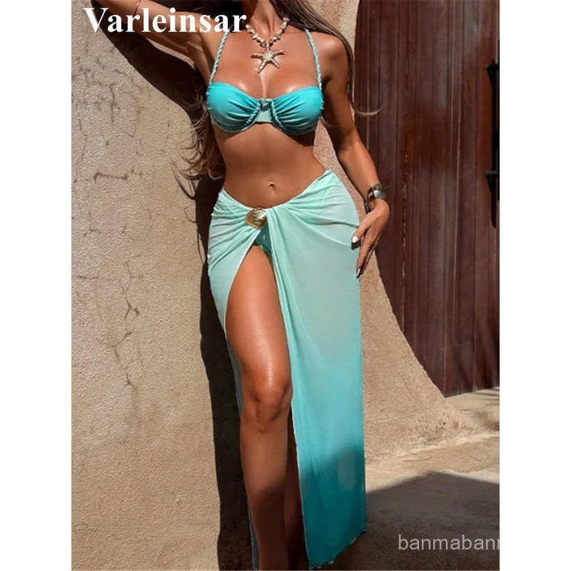 S - XL 3PCS Com Saia Biquíni Com Aro Moda Praia Feminina Conjunto de Biquíni de Três Peças Roupa de Banho V7704