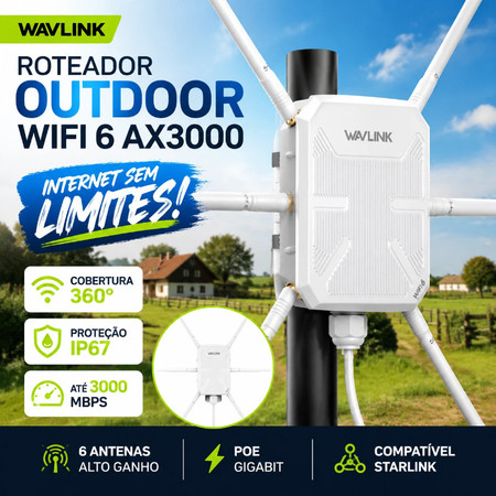 Roteador Outdoor Wifi 6 Ax3000 Wavlink 6 Antenas Compativel Starlink Rural Gigabit Poe Ip67