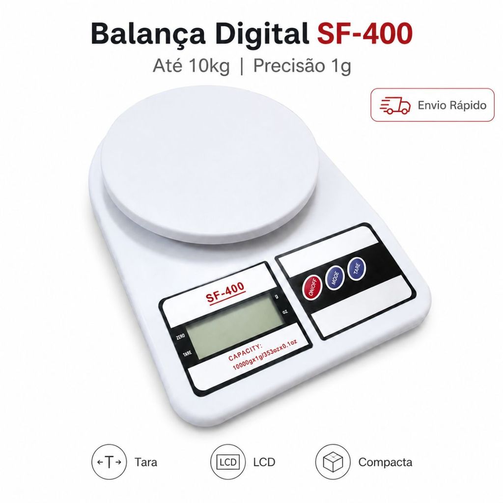 Balança Digital SF-400 Cozinha 10kg Alta Precisão 1g Com Tara Para Alimentos Dieta Receitas