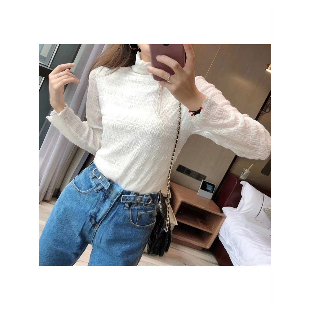 Outono branco meia gola alta renda camisa de fundo feminina de manga comprida primavera outono novo estilo camisa pequen