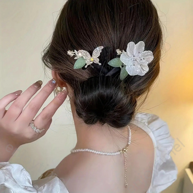 1 peça de acessório para cabelo em formato de borboleta e camélia, para fazer coques, DIY, elegante, com decoração de pé