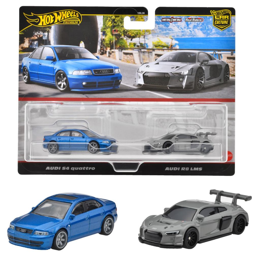 Hot Wheels Premium 2-Pack Audi S4 Quattro / Audi R8 LMS Vehicle Toy Mini Cars for Ages 3 and Up Multi JDY82