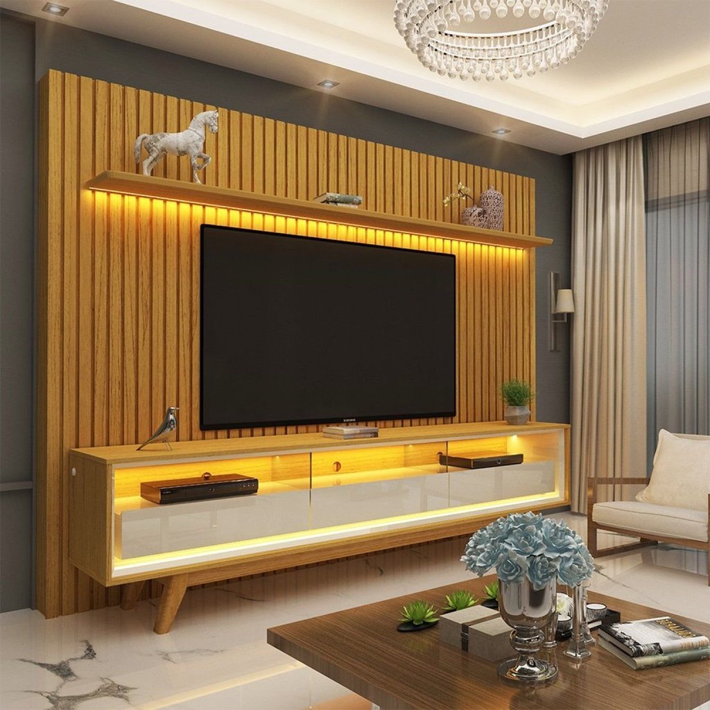 Rack com Painel para TV até 90 Polegadas com LED 100% MDF 228,8CMX217CM Pés em Madeira Maciça 3 Gavetas Nobre Clean